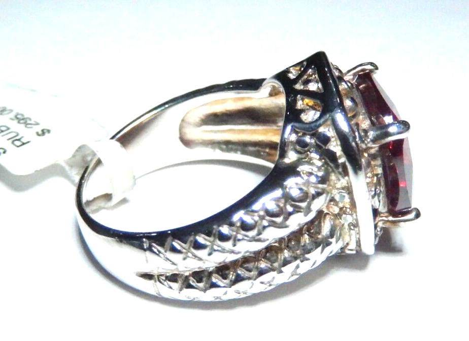 Sterling Silver 11 mm Cushion Cut  5.00 CT Ruby Gemstone Solitaire Ring 7.5