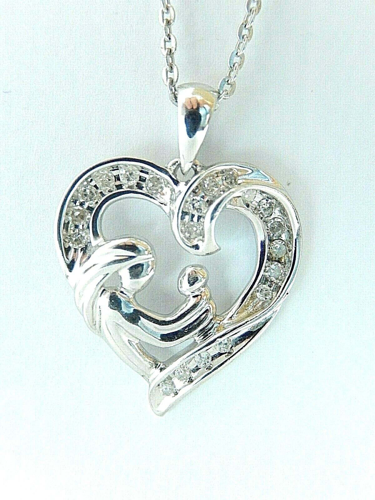 10K White Gold MOM CHILD Hearts Diamond Love Pendant With 18" Chain