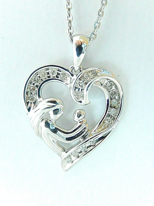 10K White Gold MOM CHILD Hearts Diamond Love Pendant With 18" Chain