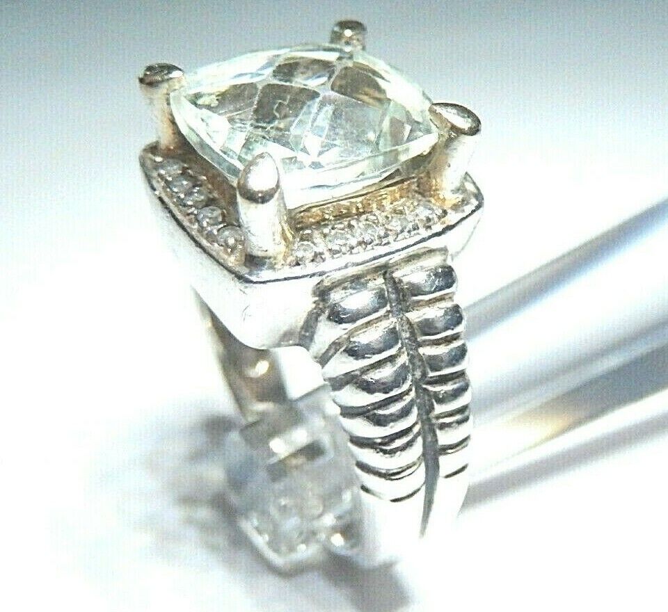 *VINTAGE*  Sterling Silver Checker Board Cut Green Quartz Ring Size 6.75
