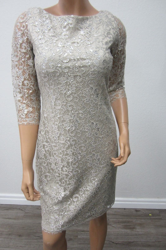 NWT CALVIN KLEIN COLLECTION  Lace Dress  Silver with Silver Metalic Thread Siz 4