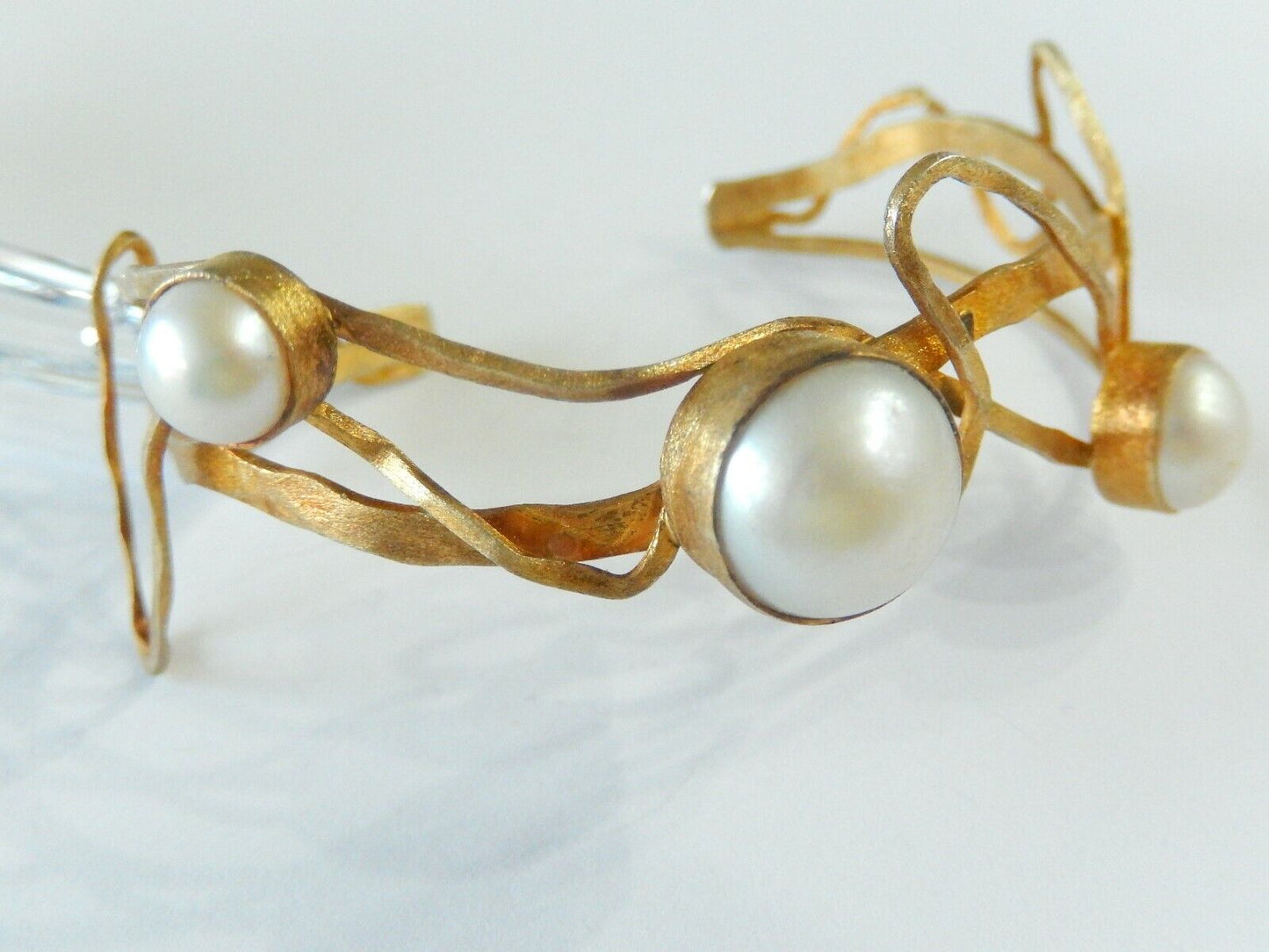 *VINTAGE* Designer JS Handmade Pearl 925 Sterling Silver Jewelry Cuff Bracelet