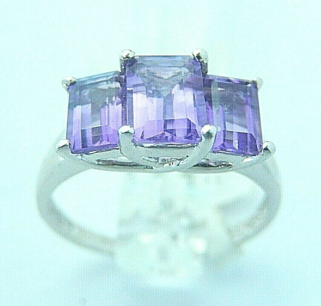 10k White Gold 2.50 Ct Emerald Cut Natural Amethyst 3-Stone Ladies Ring Sz 7.25