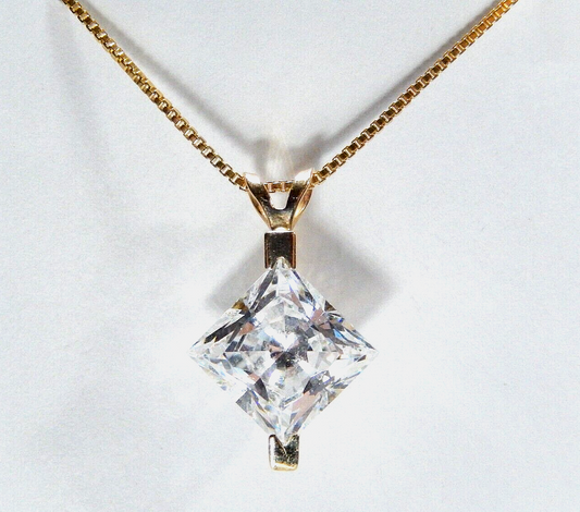 14K Real Solid Yellow Gold 3.0 CT Princess Cut Solitaire CZ Pendant w/18"chain