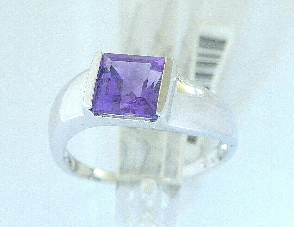 Natural  Amethyst Half Bezel Set Ring in 14k White Gold Sz 10