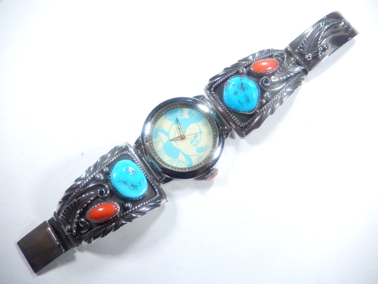 LARGE  Sterling Silver Navajo "AJ" Handmade Natural Turquoise Watch Tip Bracelet