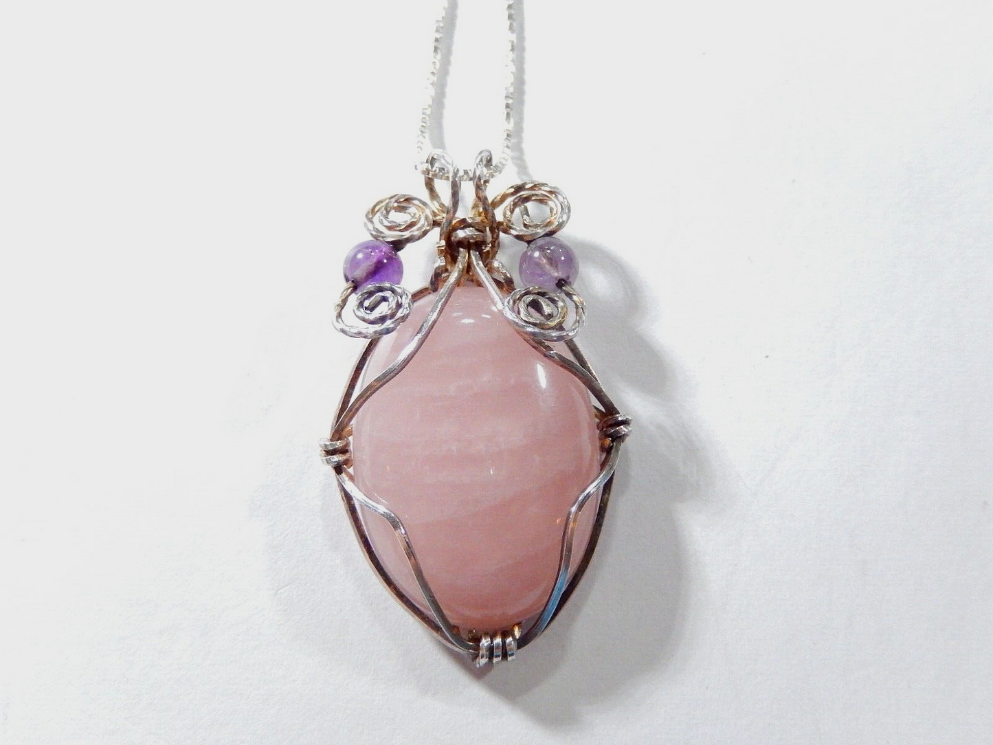 VINTAGE Pink Amethyst Stone Wrapped In Sterling Silver Wire  Necklace w/18"chain