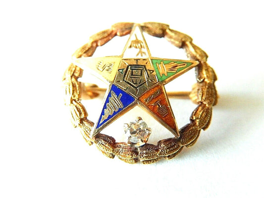 Antique 14K Yellow Gold Eastern Star Pin With Mine Cut Diamond NICE!!