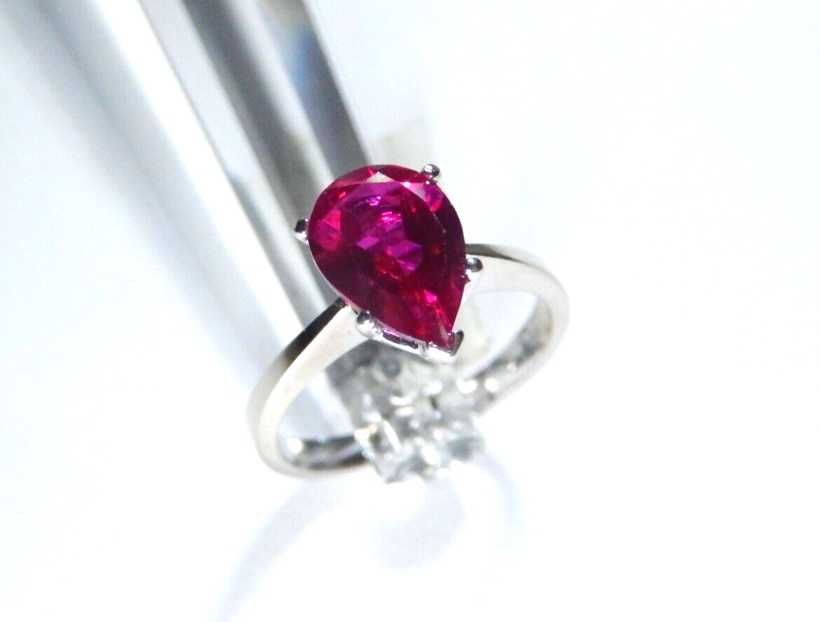 *NWT* 14K White Gold  2.00ct Pear Cut Ruby Lab Created Solitaire Ring Sz 7