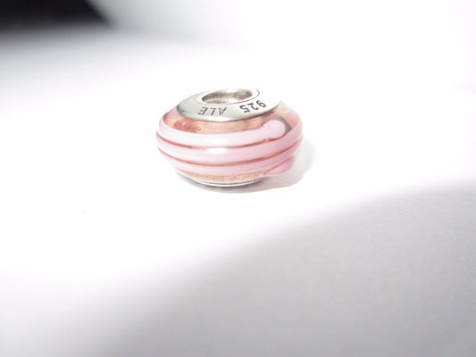 Authentic  Pandora Sterling Silver Pink with Stripe  Murano glass twist-on Bead