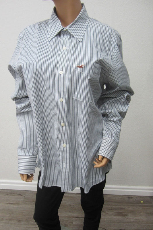 Hollister Men XL Dress Shirt White Blue Stripes Long Sleeve Button Down Front