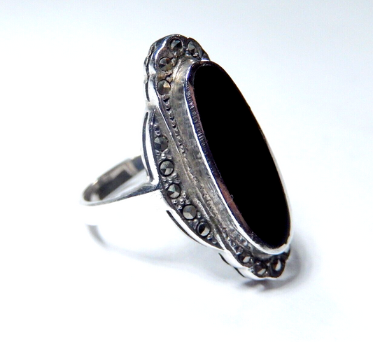 *VINTAGE*  Marcasite and Black Onyx Long Oval Sterling Silver Ring Size 6
