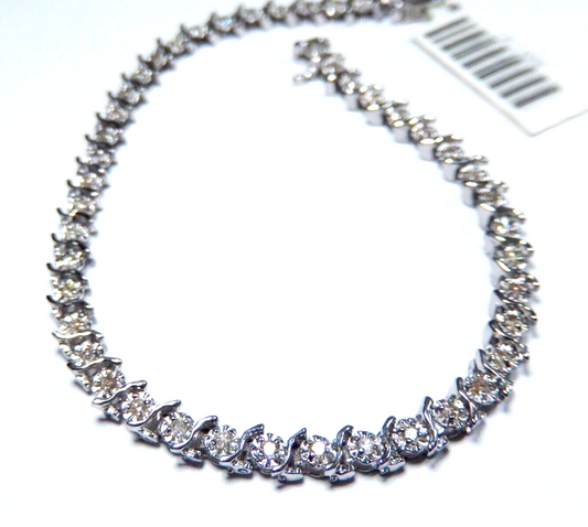 Stamped  14K White Gold "S" Link  7" Approx. 1/2CT Diamond Tennis Bracelet