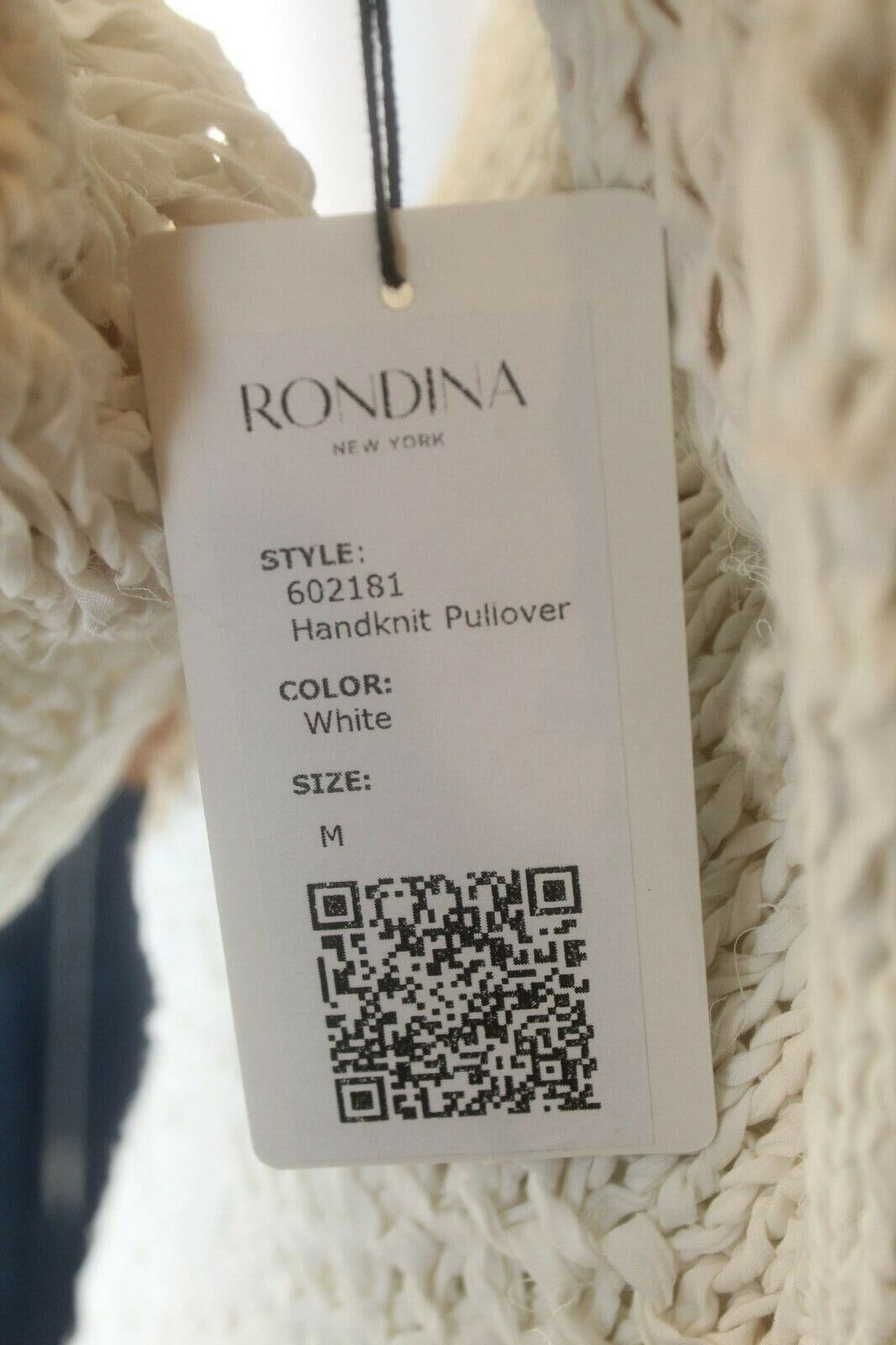 *NWT* $395. Rondina New York White Hand Knit Pull Over Top 3/4 Sleeve Size Med