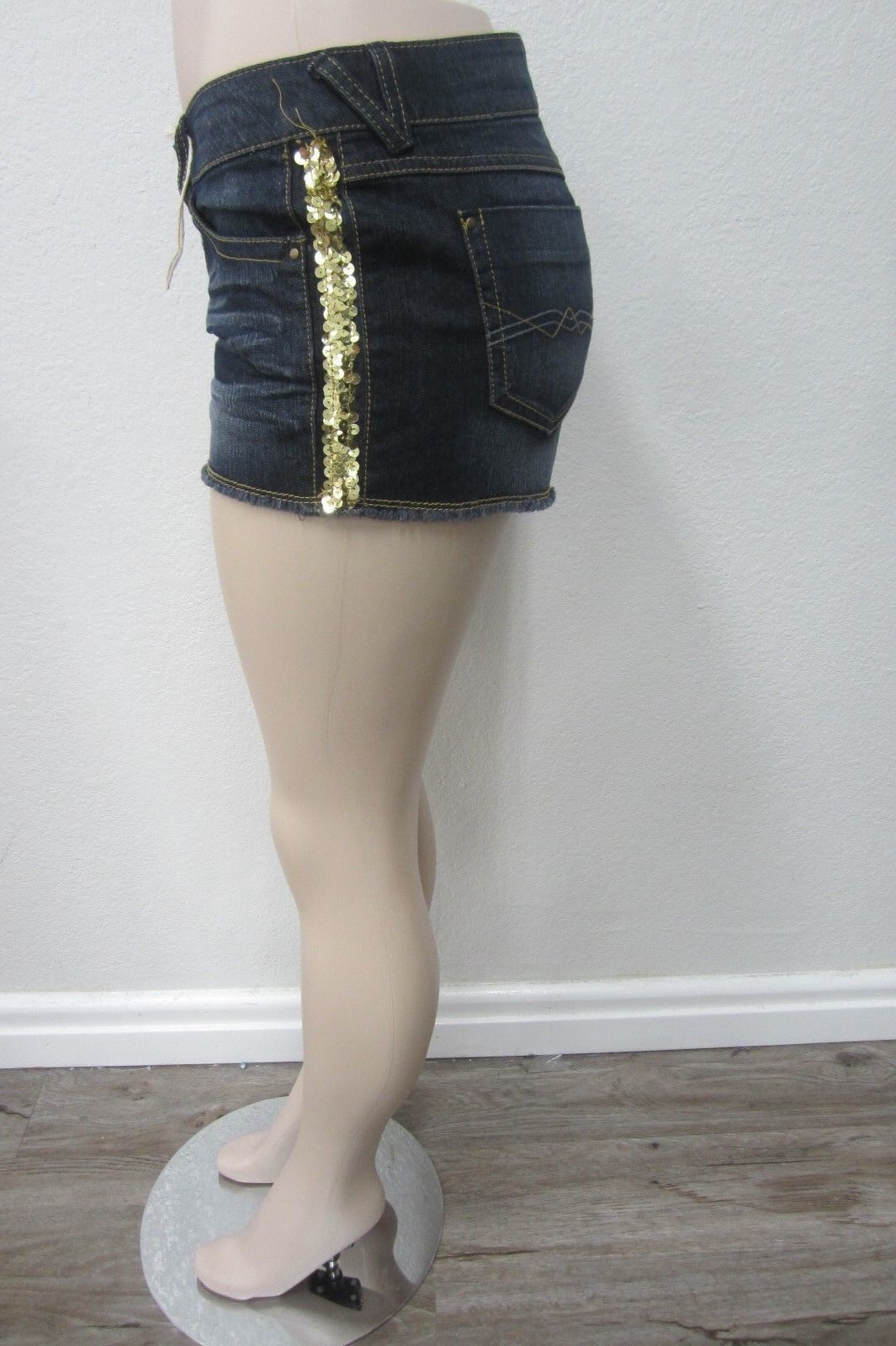NEW! Mudd  Dark Denim Gold Sequin Shortie Shorts Distressed Cut Offs Size 11