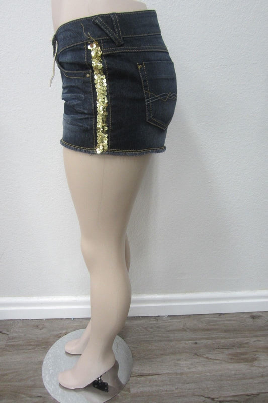 NEW! Mudd  Dark Denim Gold Sequin Shortie Shorts Distressed Cut Offs Size 11