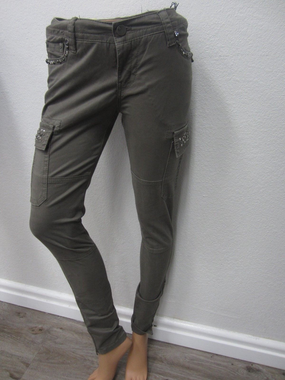 NWT MISS ME CP1246C Embellished Cargo Casual Ankle-Zip Pants Light Olive 27x31