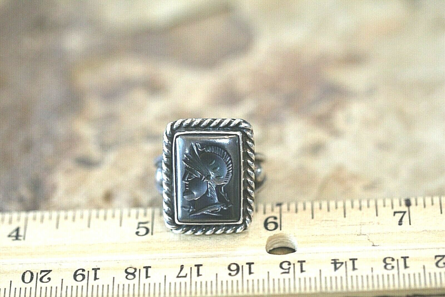 *VINTAGE*  Sterling Silver Roman Cameo Soldier Spartan Gladiator Head Ring Sz 9