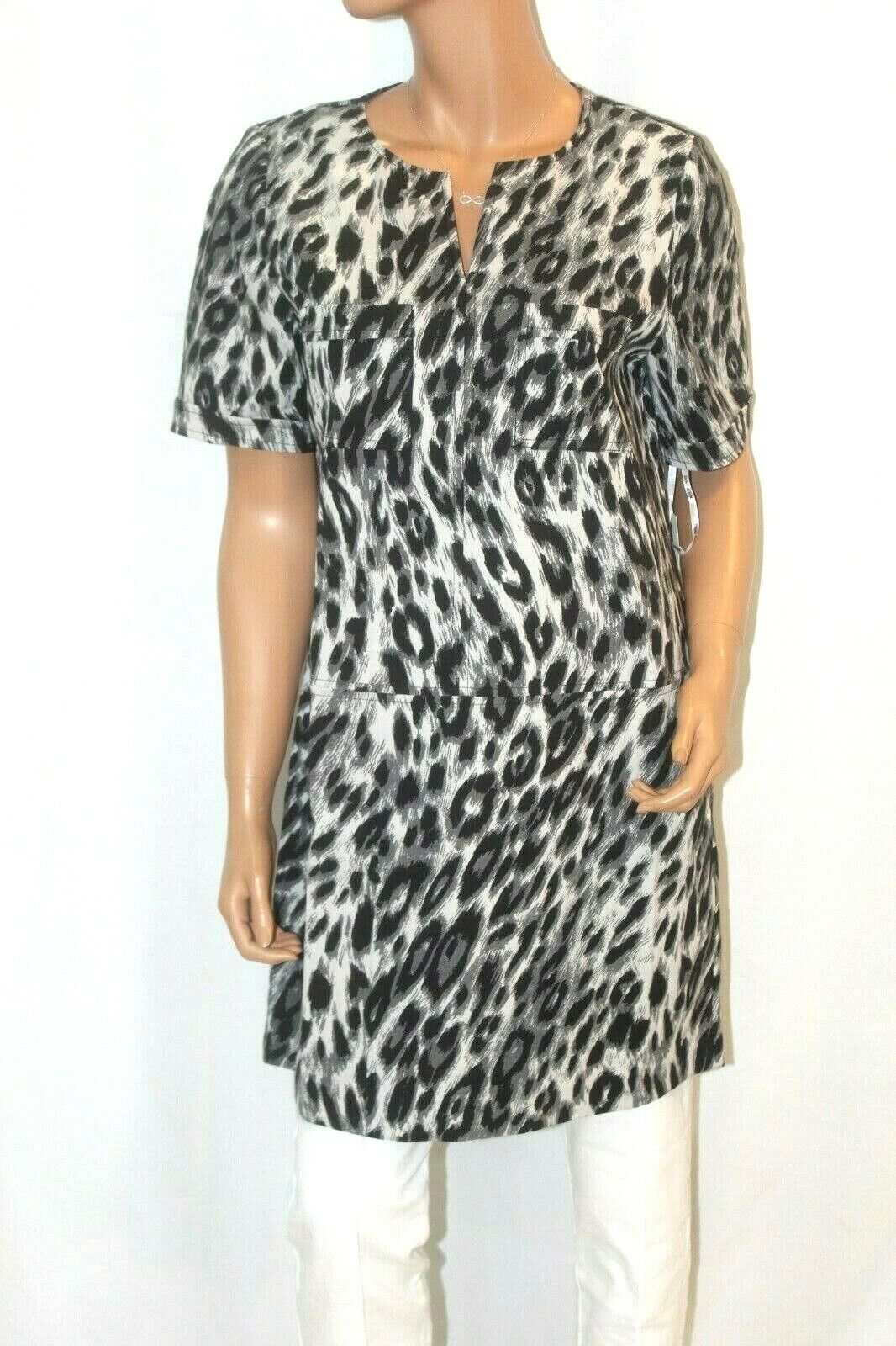 *NWT* $139. Anne Klein Dress Grey / Black Short Sleeve Degas Leopard Sheath Sz 8