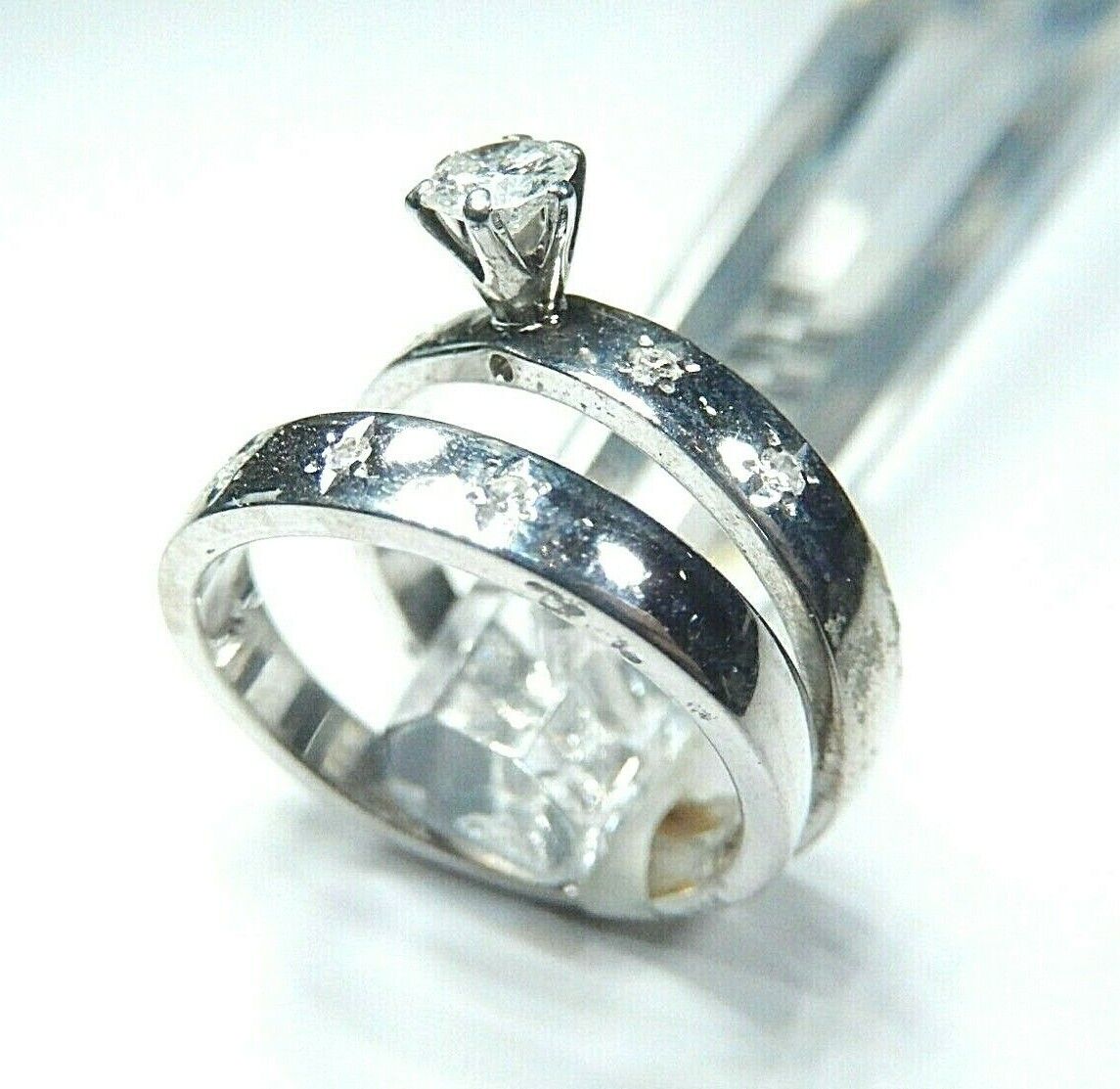 *VINTAGE*  14K White Gold 2Pcs .33CT Diamond Wedding Engagement Ring Set Size 5