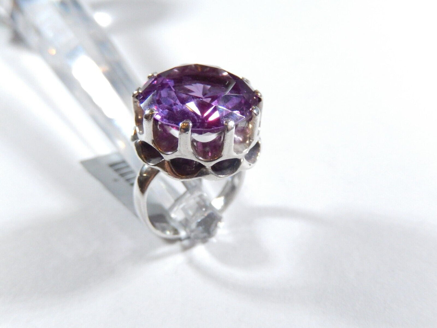 *VINTAGE* Sterling Round 12.00 Ct 15mm Faceted Amethyst Huge Ring SZ 5.25