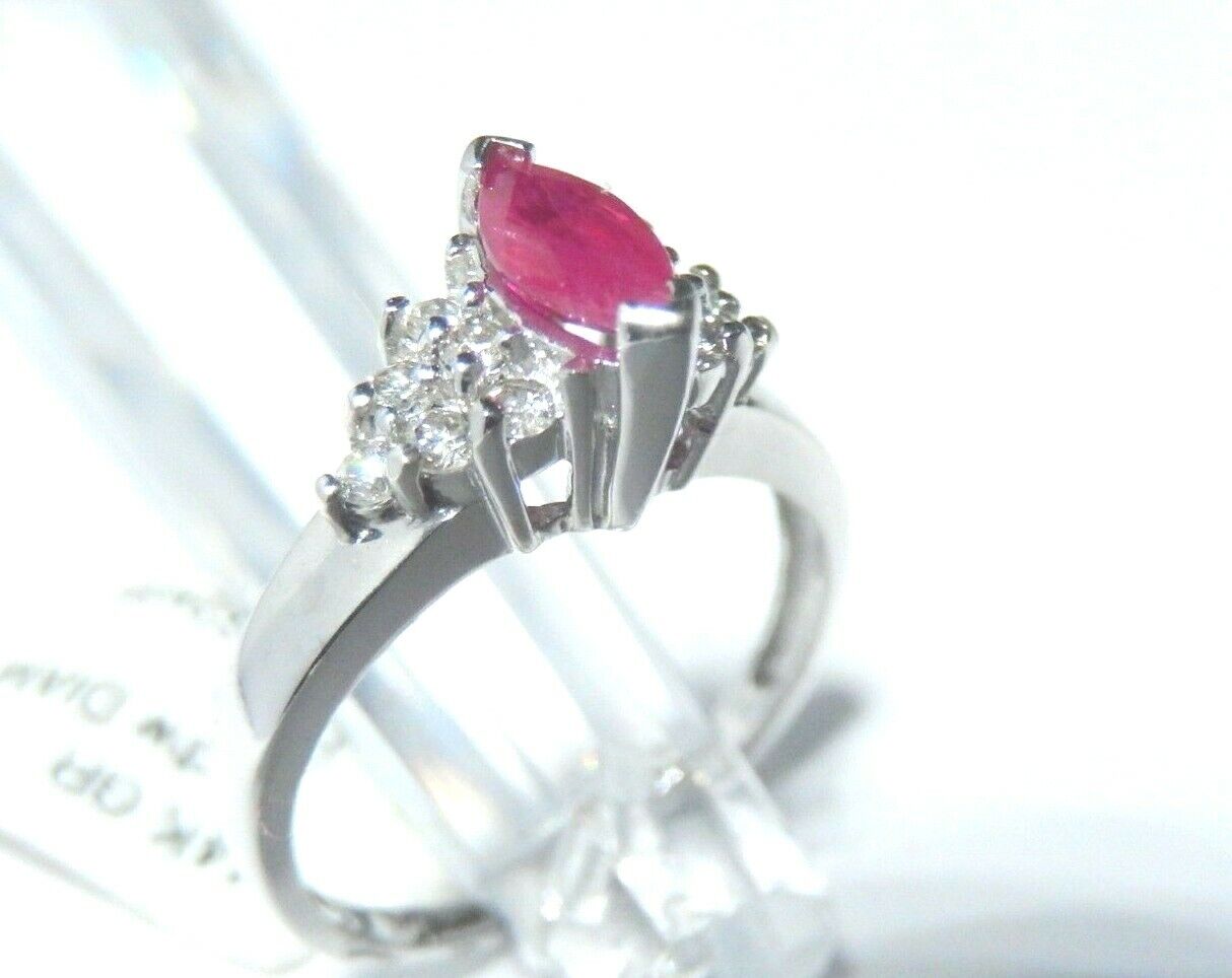 *NWT* 14k White Gold Ring .50CT Natural Marquise Cut Ruby & .25CT Diamonds Sz6.5