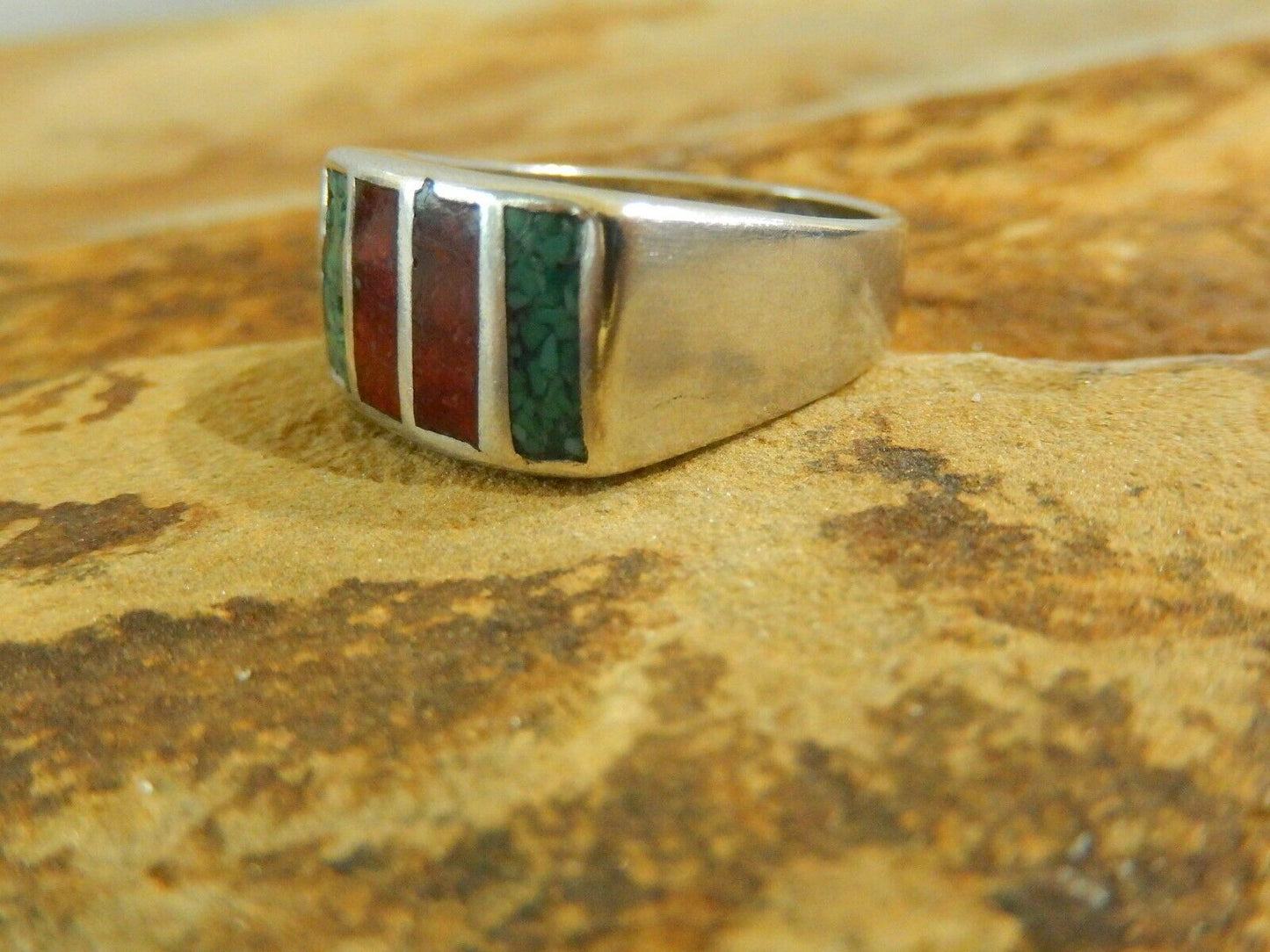*VINTAGE* Native Amer. Sterling Silver Blue Turquoise & Coral Ring Size 9.5