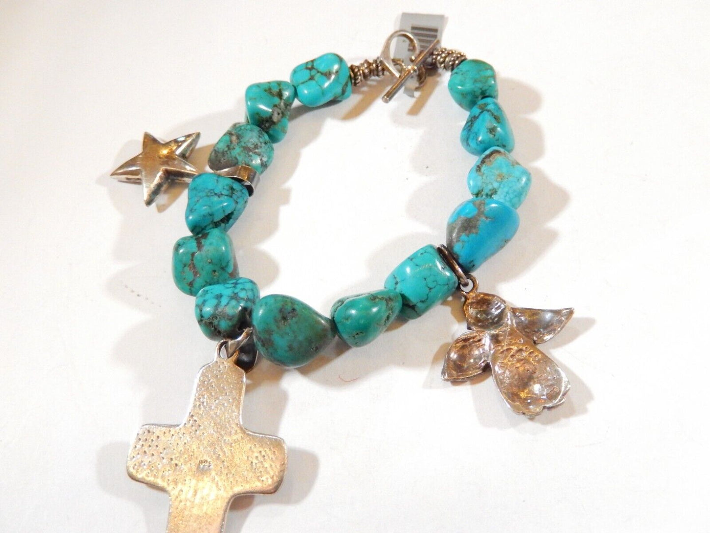 *VINTAGE* Sterling Silver Charms And Turquoise Chunky Beaded Bracelet 9"