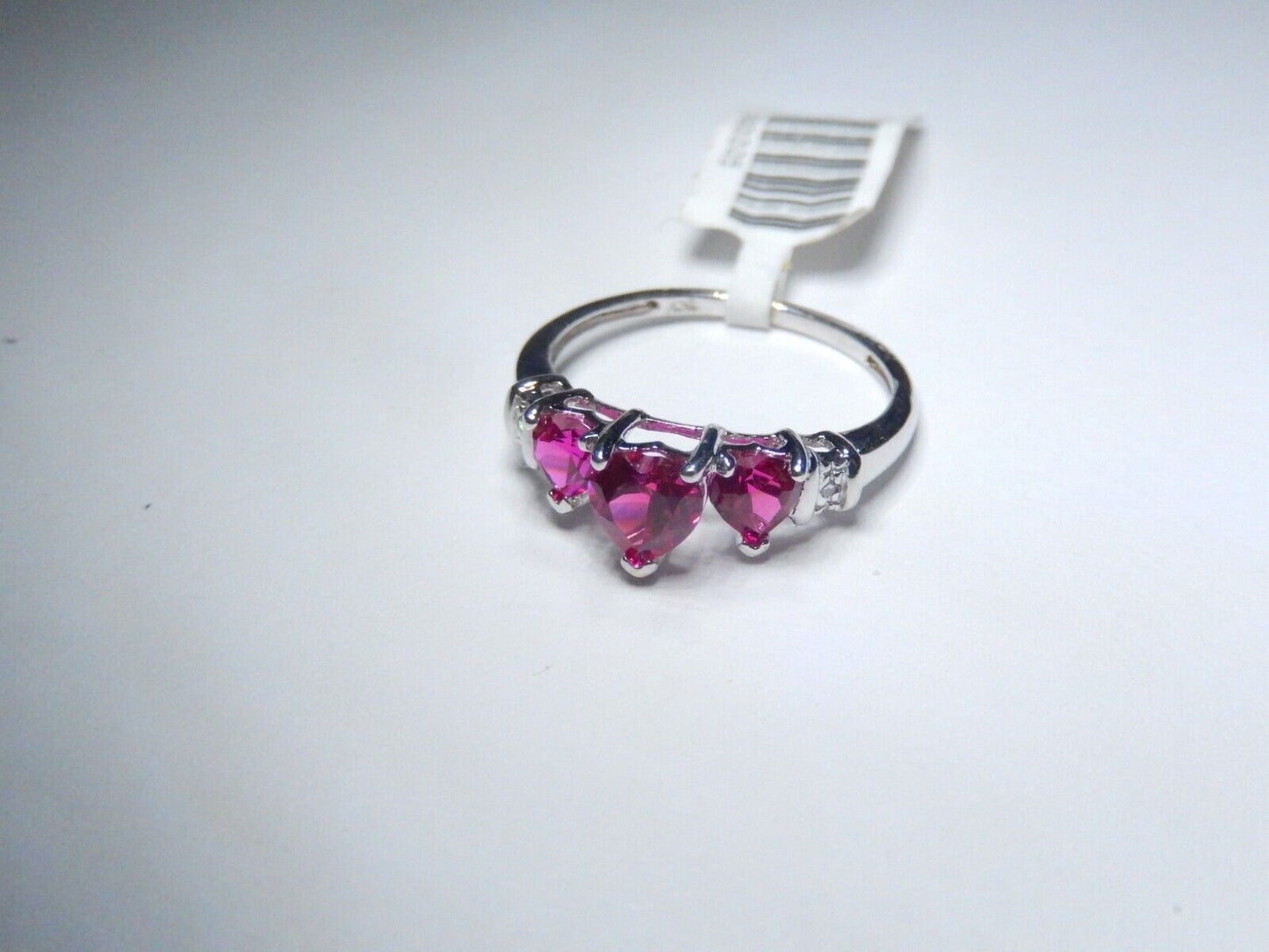 *NWT*  10k White Gold Three Stone Heart Lab Created Ruby & Diamonds Ring Sz 6.25