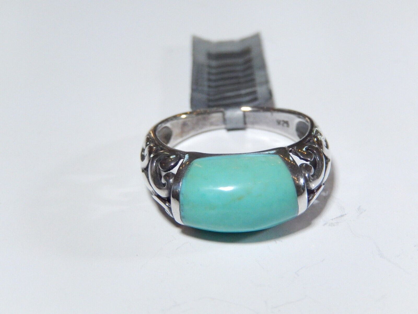 *VINTAGE*  Scroll Design Sterling Silver Inlay Turquoise Ring Size 7.25