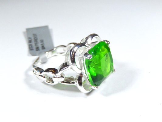 Sterling Silver 9.0 CT Cushion Cut Simulated Green Peridot Ring Size 7.75