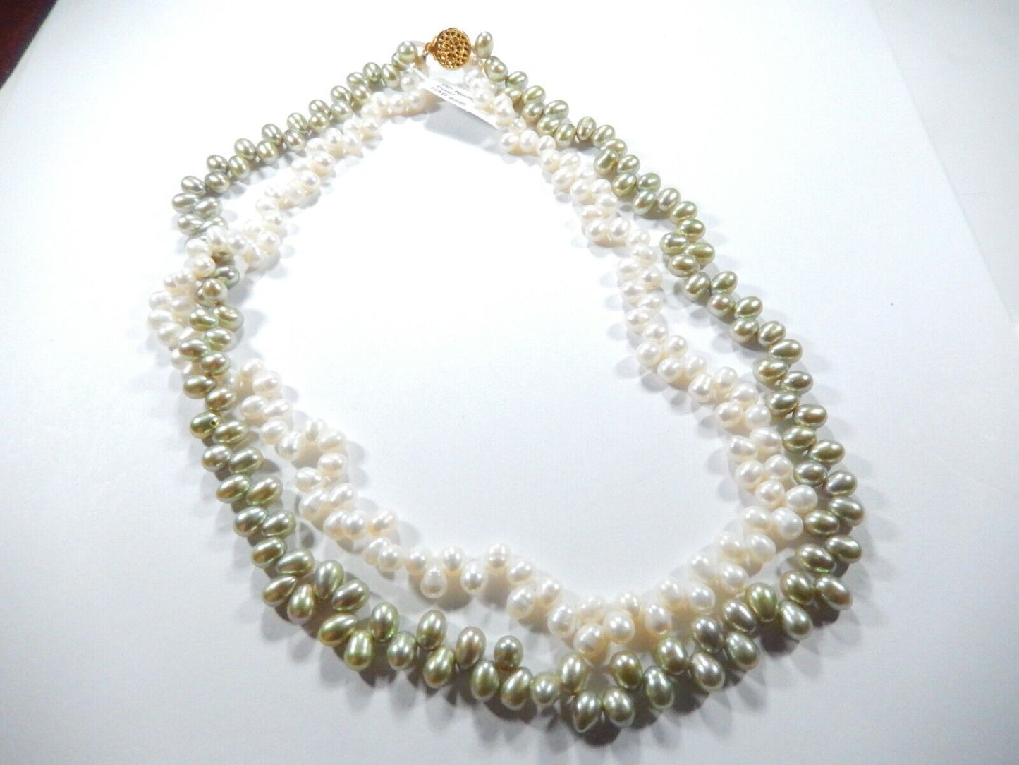 Double Strand Cultured Pearl Necklace  Beautiful White & Green Pearls ~ 16"