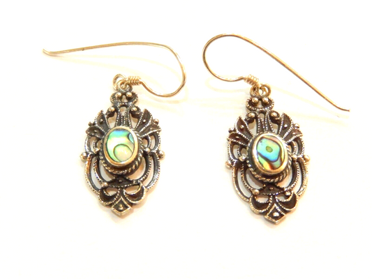 *VINTAGE*   Abalone Earrings Dangle Sterling Silver 925 Ornate