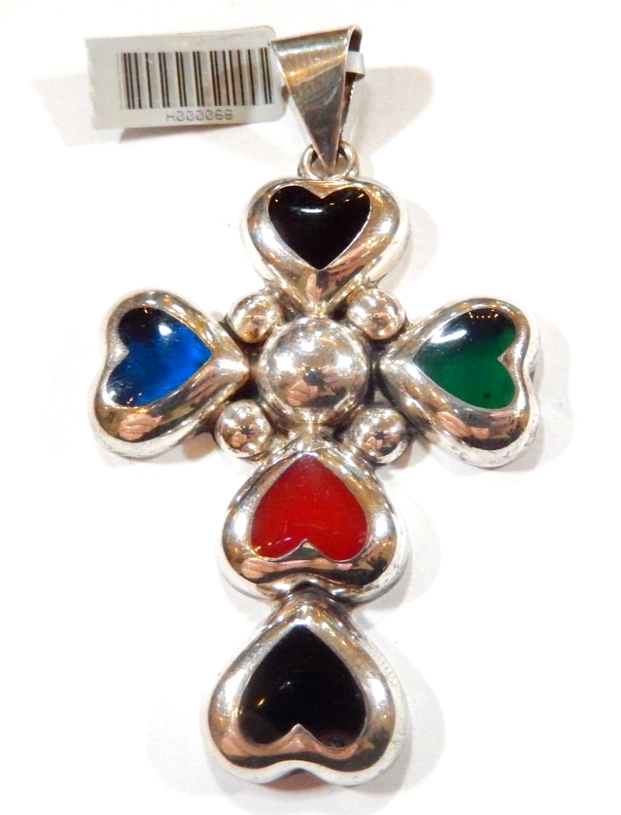 *VINTAGE*  LARGE "Silver Mine" Sterling Silver Enamel Heart Cross Pendant 3.25"