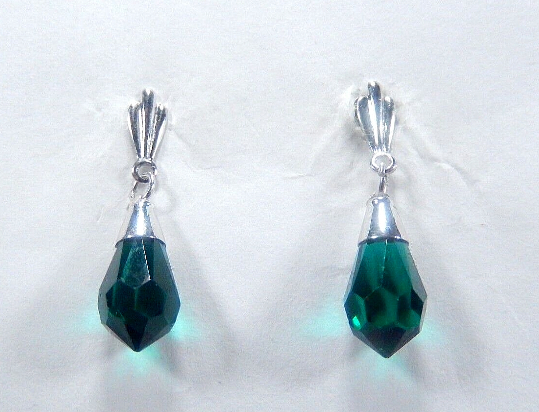 14K White Gold Lab-Created Emerald Briolette Drop/Dangle Earrings
