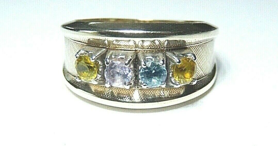 *VINTAGE* 10k Yellow Gold Four Gem Stone 10mm Wide Ring Band Size 6.75