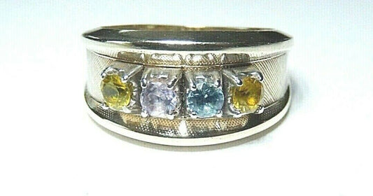 *VINTAGE* 10k Yellow Gold Four Gem Stone 10mm Wide Ring Band Size 6.75