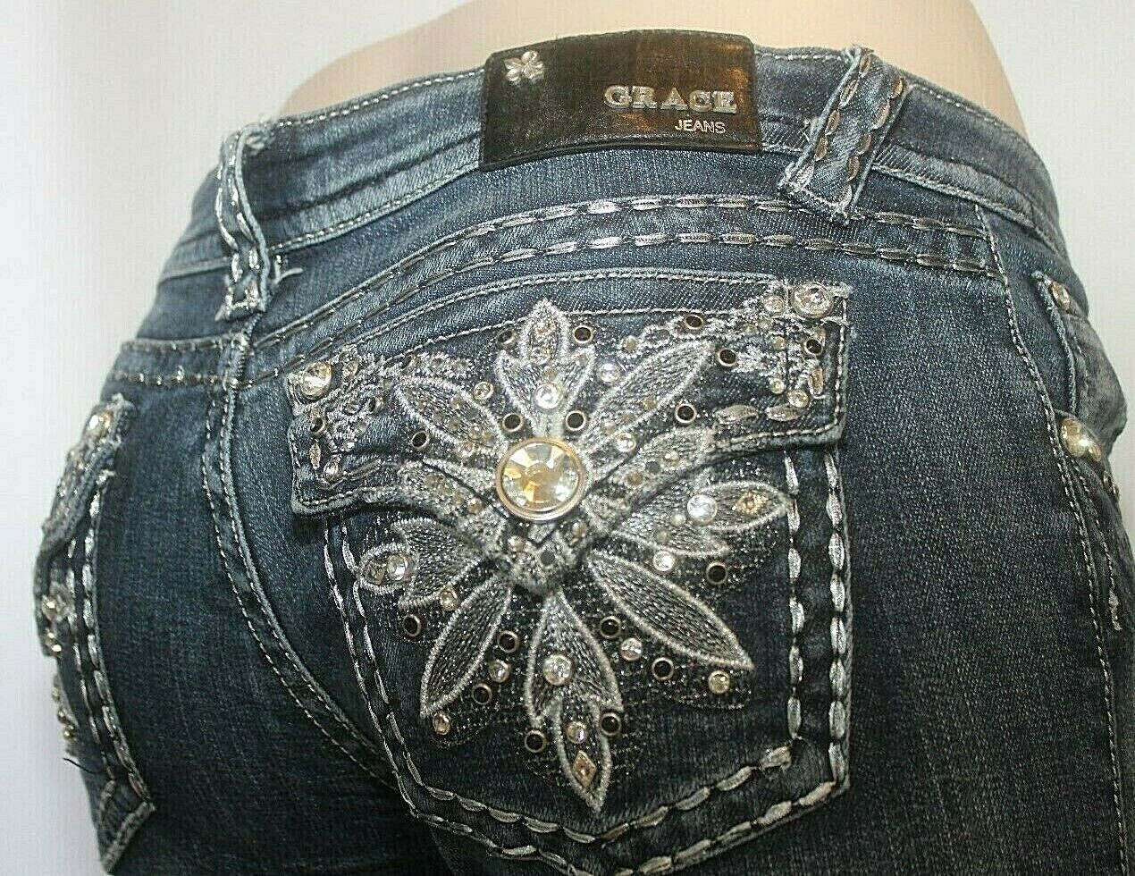 Grace In LA Suuper Embellished Jeans Mid Rise Flap Easy Bootcut Sz 7 (27 x 33.5)