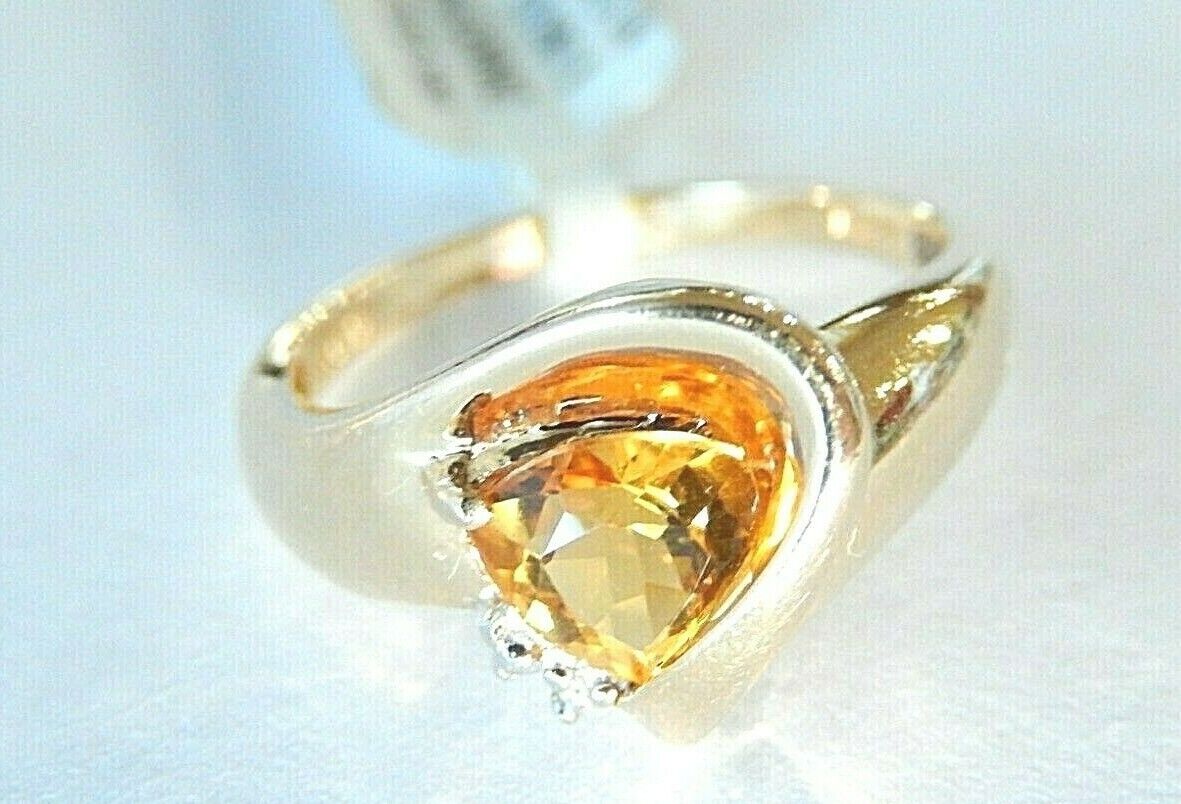 *VINTAGE*14K Yellow Gold Trillion Citrine & Diamond Accent Modern Bypass Ring-7