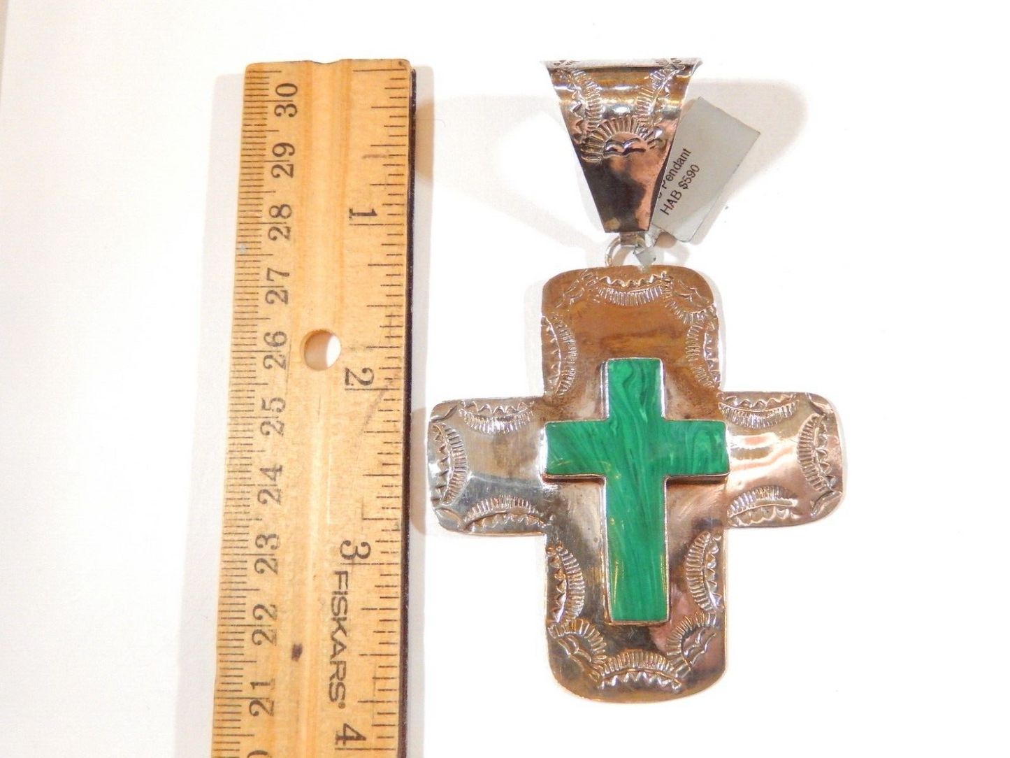 ~VINTAGE~  MEXICO  STERLING SILVER AND MALACHITE LARGE CROSS PENDANT 3.75" TALL