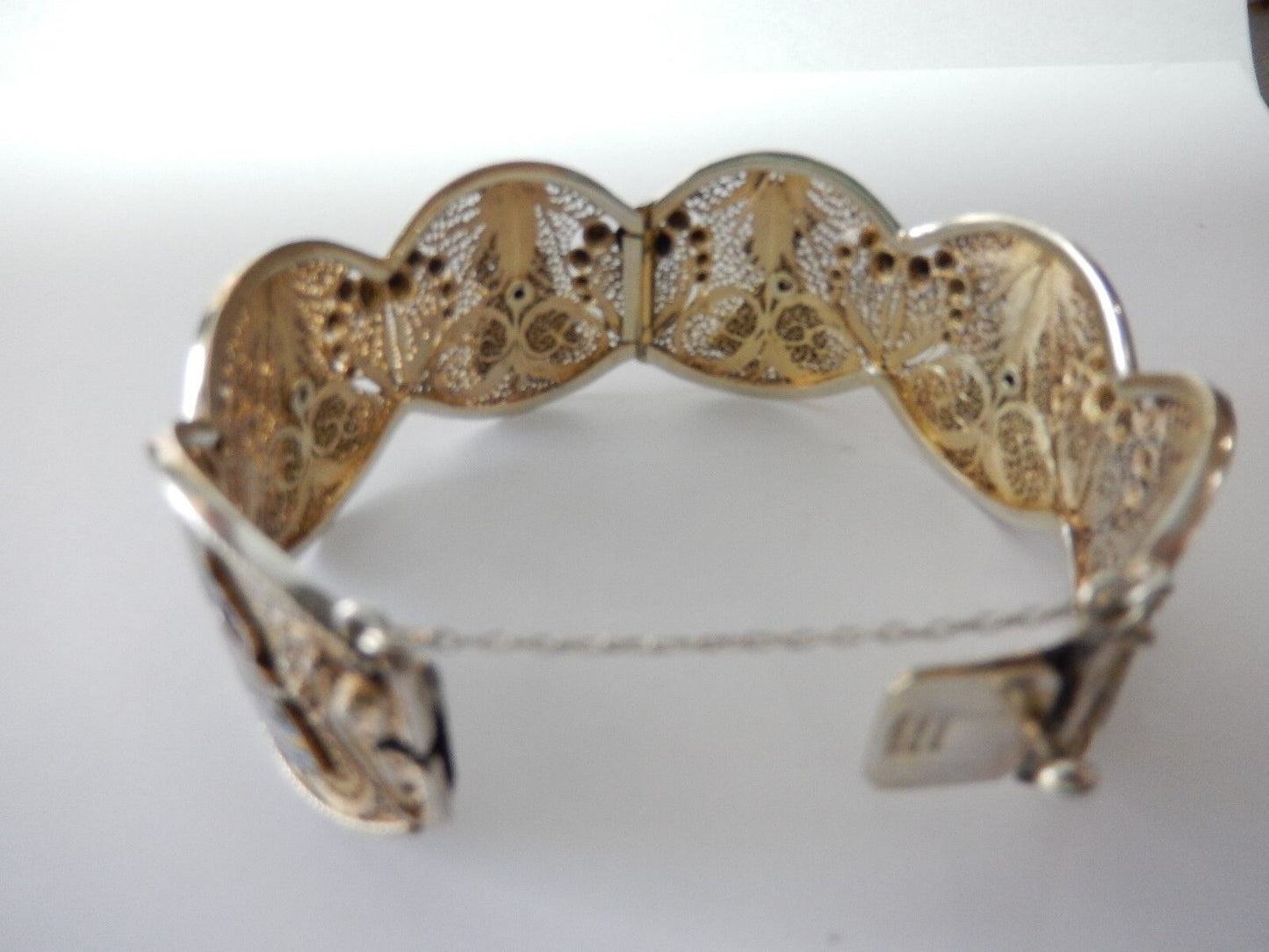 VINTAGE PORTUGAL HEAVY STERLING SILVER FILIGREE GOLD HINGED BANGLE BRACELET 7.5"