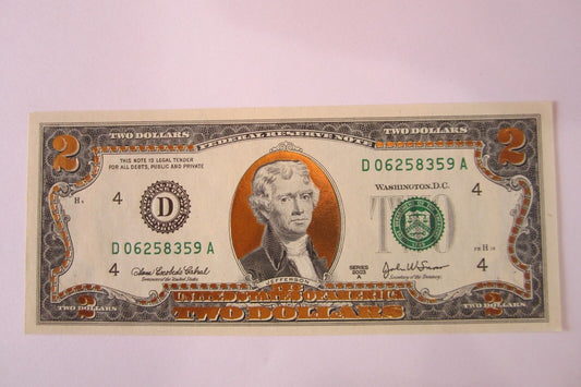 22 K GOLD LEAF- 2 DOLLAR BILL-  COLLECTOR  LEGAL NOTE- D06258359A