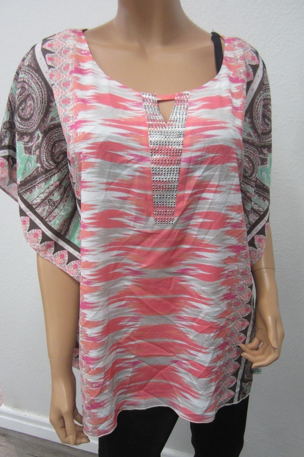 *NWT* VALERIE STEVENS Womens Tunic Top  Pink Flare  Sleeve Embellished  Sz L/G