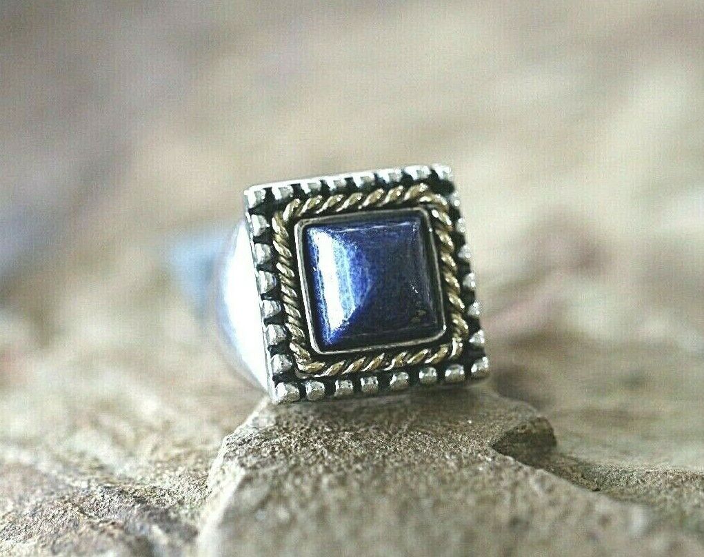 *VINTAGE* LARGE ITALY STERLING SILVER LAPIS CABOCHON HEAVY RING SIZE 7.75
