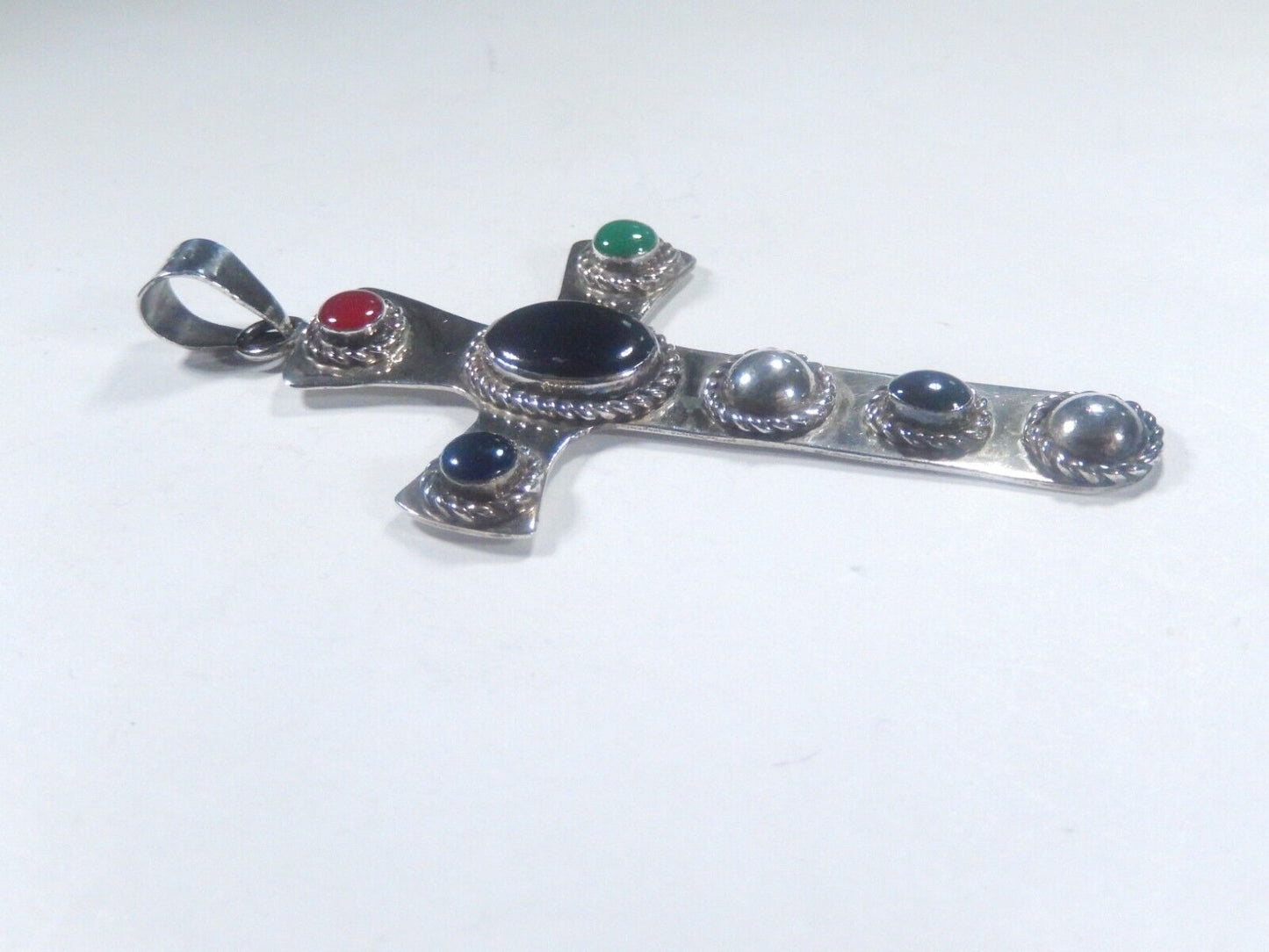 *VINTAGE*  Large Sterling Taxco Mexico Multi Gemstone Cross Pendant 3.5" Tall