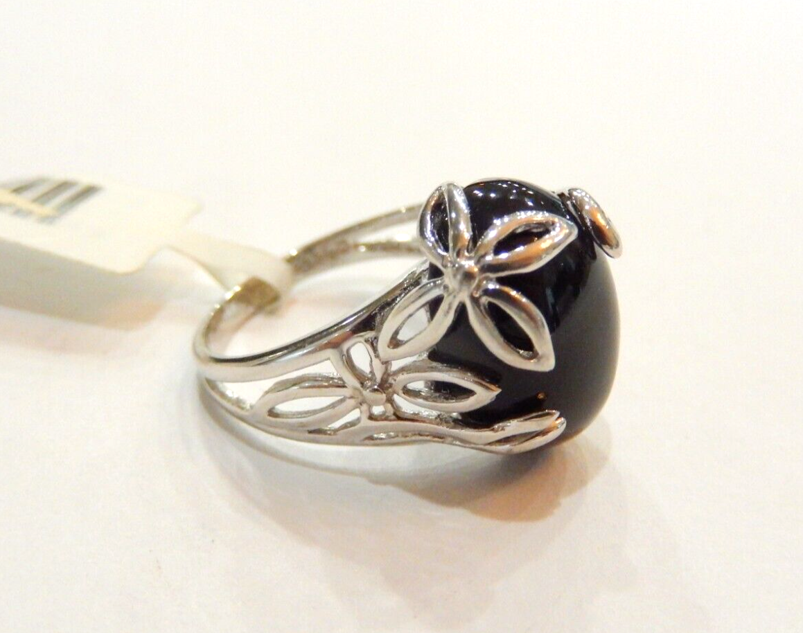 *VINTAGE*  Sterling Silver Flowers and Leaves Black  Onyx Stone RING Size 7.5