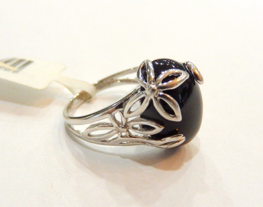 *VINTAGE*  Sterling Silver Flowers and Leaves Black  Onyx Stone RING Size 7.5