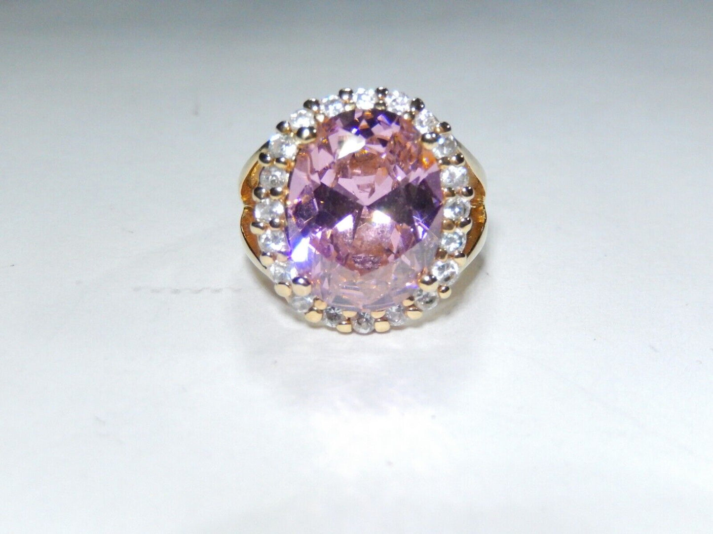 *VINTAGE* Sterling Gold Vermeil CZ Pink & White 13.0CT Oval Cocktail Ring Sz 6.5