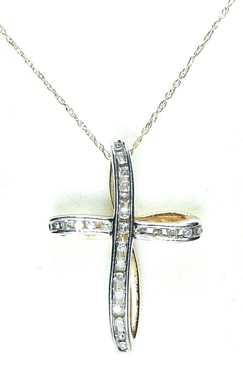 *VINTAGE* 14K Yellow Gold .25 CT Diamond Cross Pendant Necklace w/ 14k 18" Chain