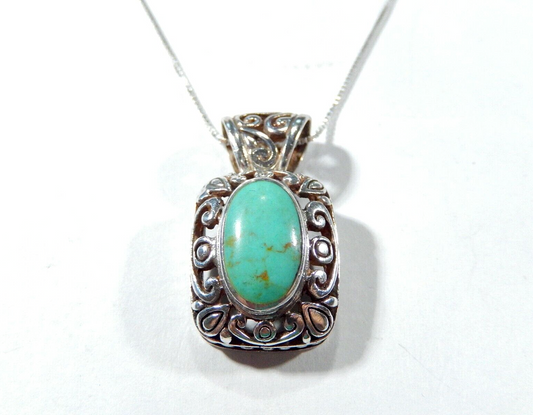 *VINTAGE*  Southwest 925 Sterling Silver 1.25" Turquoise Pendant w/18" Chain